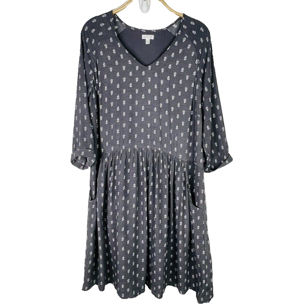 Garnet Hill Gray Ditsy Floral Bohemian Pocket Detail Dress Size 12